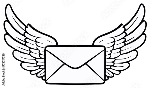 Flying Message Winged Envelope Icon Express Delivery Symbol Black and White Illustration