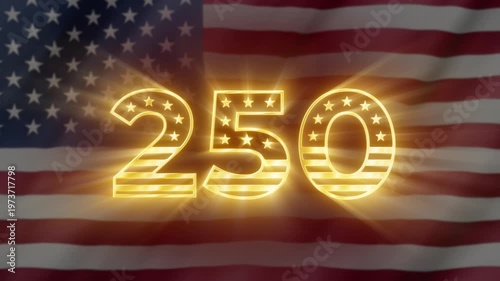 Glowing golden 250th anniversary emblem with stars against a waving United States flag, celebrating the historic semiquincentennial milestone of American independence and national pride