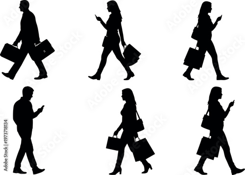 Walking Business Man with Briefcases and Fashionable Women with Shopping Bags Using Smartphones Silhouettes Isolated on White Background Vector Illustration