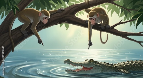 Two playful monkeys on a jungle tree branch curiously point towards a powerful crocodile lurking in the sparkling river water, creating a captivating wildlife encounter