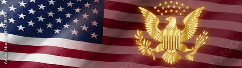 Patriotic background featuring the golden Great Seal of the United States with an eagle, stars, and arrows, overlaid on a majestic waving American flag canvas for national celebrations