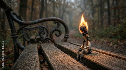 Burning Match on Bench: A poignant scene of a burning matchstick figure seated alone on a park bench, the flame representing the brevity of life amidst a backdrop of a tranquil autumn day.