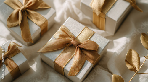 Modern luxury gift flat lay with golden ribbon