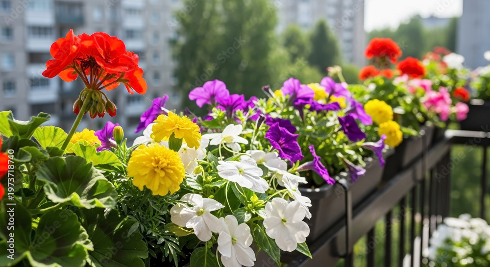 Obraz premium Colorful flower boxes on apartment railing display vibrant blooms under bright urban sun. Fresh plants fill flower boxes on apartment railing, creating charming city garden.