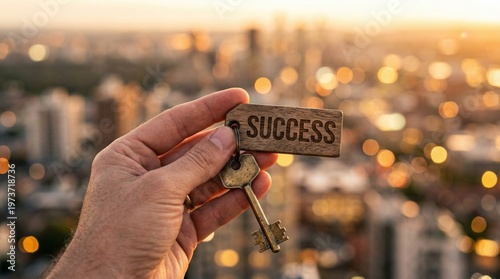 The Key to Success: A hand confidently holds the key to unlock achievements. The key features a tag that states success, set against a blurred city view.