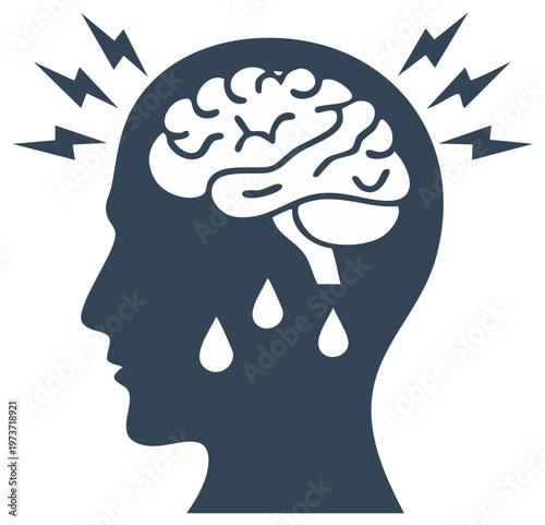 Headache Illustration: Head with Brain Lightning and Tears Depicting Pain and Discomfort