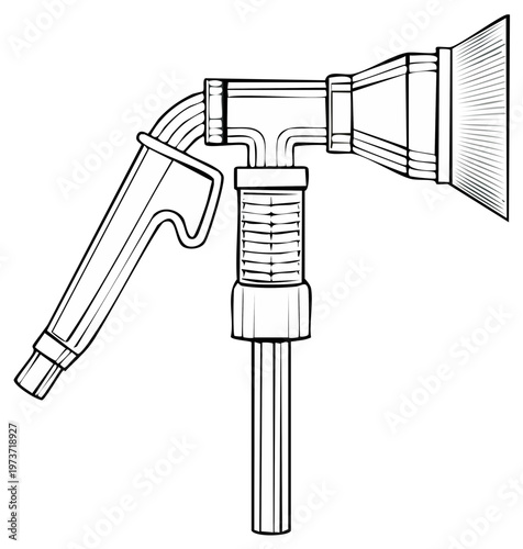 Technical line drawing of a spray gun applicator with handle and wide fan nozzle