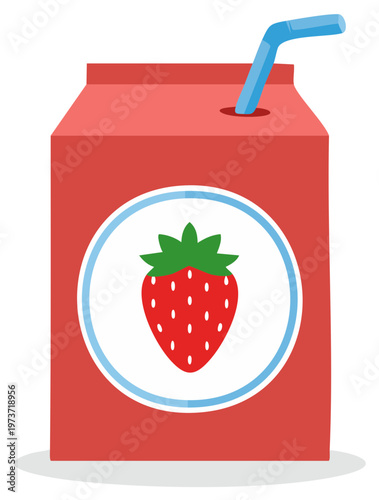 Sweet strawberry fruit juice carton with blue drinking straw refreshing beverage illustration