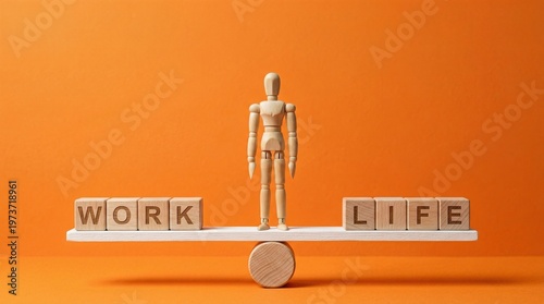 Striking the Balance: Wooden figurine standing on a seesaw with the words 'work' and 'life' highlighting the quest for equilibrium.