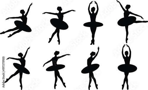 Elegant ballet dancer silhouettes performing classical poses, graceful tutu costumes, artistic dance positions, pirouette, arabesque, en pointe, stage performance illustration