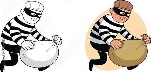 Cartoon thief illustration, burglar character artwork, monochrome and colored design, criminal figure drawing, robbery concept cartoon, playful crime cartoon artwork