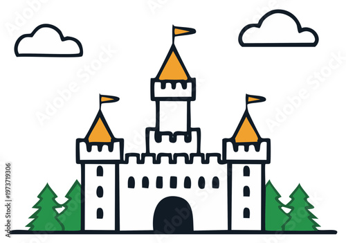 Whimsical Castle with Turrets Flags and Clouds Simple Cartoon Style