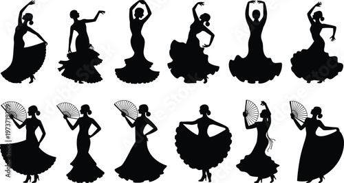 Flamenco dancer silhouettes, Spanish traditional dance, cultural heritage, expressive movement, fan performance, rhythm, elegance, costume design, posture art, lifestyle illustration