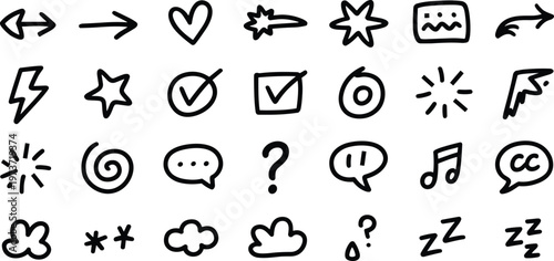 Hand drawn doodle icons, playful sketch symbols, cartoon style illustration, creative design elements, communication graphics, expressive art, informal decorative set