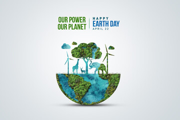 Our power, our planet. Earth day 2026 concept background. Ecology concept. Design with globe map drawing and leaves isolated on white background.