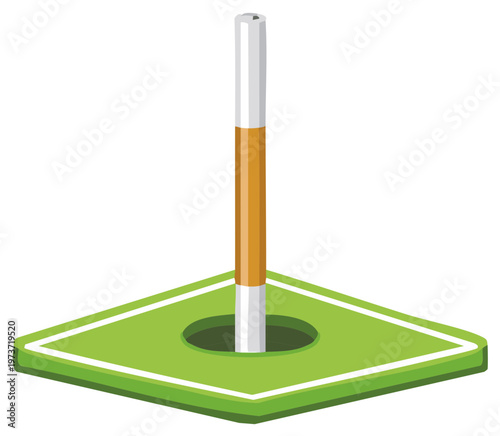 Golf course flagstick in hole on a square putting green, isolated cartoon vector graphic