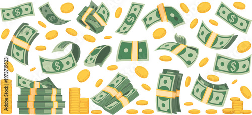 Flying dollar bills illustration, gold coins artwork, wealth abundance concept, financial success design, money background, economic prosperity cartoon, cash flow drawing