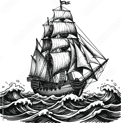 Isolated on Sailing ship on waves vintage engraving style vector art on white background