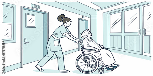 Nurse pushes elderly patient in a wheelchair down a hospital corridor towards bright double doors.