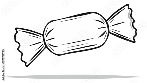 Simple line art icon of a classic wrapped candy, black and white vector illustration
