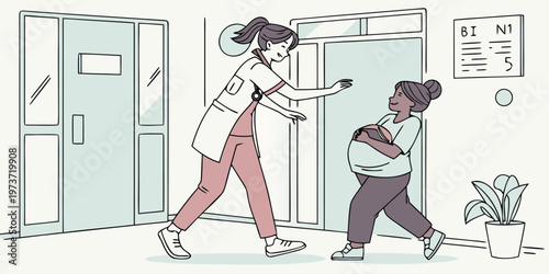 A friendly female doctor welcomes a pregnant woman into a modern medical clinic for her checkup.