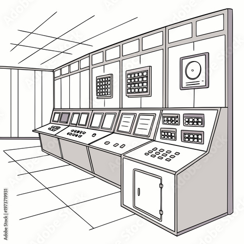 A detailed illustration of a control panel room with various buttons and screens on the consoles and walls