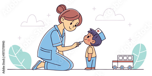 Illustration of a friendly nurse checking the temperature of a young boy with a thermometer
