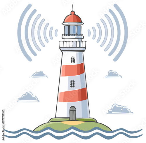 Illustration of a striped lighthouse emitting radio waves on a small island with waves and clouds