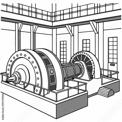 A black and white illustration of a large industrial machine with two large wheels in a building with a walkway and railing on top