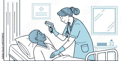 Nurse in green scrubs checking the temperature of a male patient in a hospital bed with a thermometer
