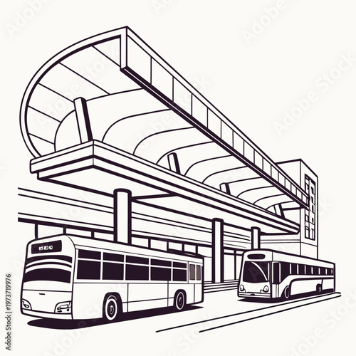 Vector illustration of two buses parked at a modern bus station with a large overpass and a sleek building in the background