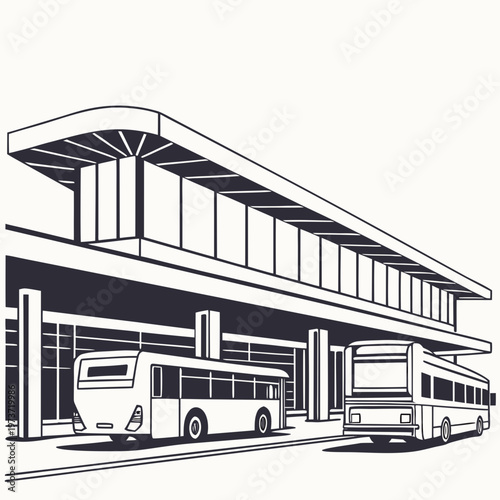 Black and white illustration of a bus station with two buses parked underneath a covered area with a modern architectural design and large windows
