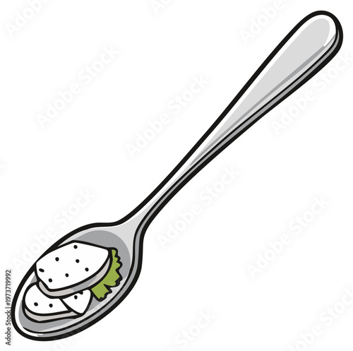 Illustration of a single spoon holding small food portions and a green leaf