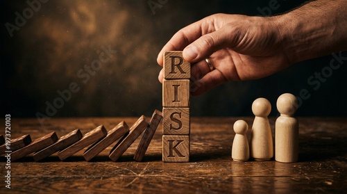 Risk Mitigation: A hand strategically positions blocks spelling RISK to halt a chain of falling dominoes, symbolizing risk mitigation and safeguarding a family of wooden figures.