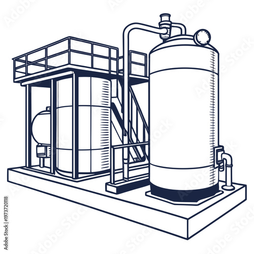 Industrial facility with large cylindrical tanks and metal structure