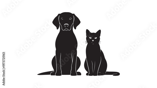 Black silhouette of a dog and a cat sitting side by side on white background