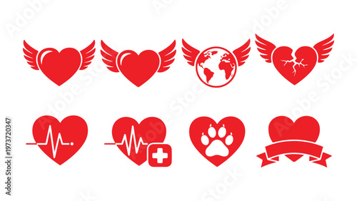 Collection of red heart icons with various symbols and designs on white background