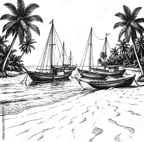 Isolated on Tropical beach with boats ink sketch vector art on white background