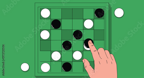 Person playing the popular strategic board game Othello or Reversi by placing a black piece on the green grid.