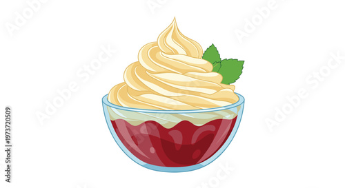 Delicious fruit dessert served in a glass bowl is topped with a generous swirl of creamy whipped topping and fresh green mint leaves.