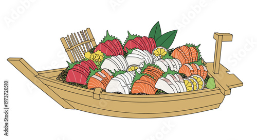 Traditional Japanese sashimi boat feast features a variety of fresh raw fish slices like tuna and salmon artfully arranged with garnishes.