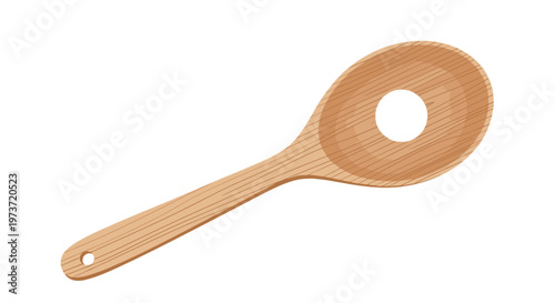 Single wooden kitchen spoon features a unique circular hole in the center of the bowl designed for draining liquids or serving pasta.