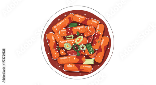 Bowl of spicy Korean tteokbokki rice cakes is smothered in red gochujang sauce and garnished with fresh green onions and sesame seeds.