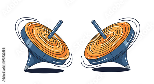 Two traditional spinning tops or koma toys are shown in rapid motion with blurred lines indicating their fast rotation on a white surface.