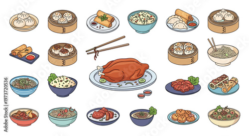 Large assortment of authentic Chinese dim sum and main dishes features dumplings, spring rolls, roasted poultry, and various noodle bowls.