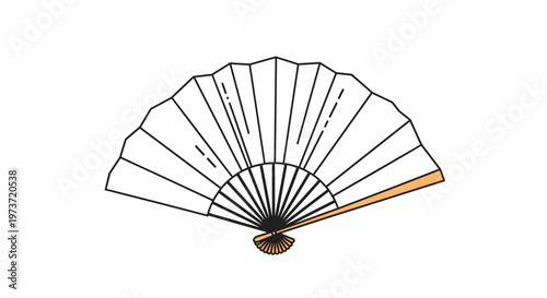 Traditional folding hand fan is elegantly displayed in a partially open position with white paper pleats and light brown wooden ribs.