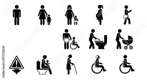Comprehensive set of black pictograms represents various individuals needing accessibility and assistance in public transportation and facilities.