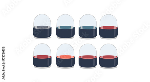 Group of eight gachapon capsule toys features transparent domes and dark bases containing liquids in various shades of red, blue, and grey.