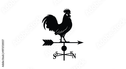 Traditional black rooster weather vane silhouette indicates the four cardinal directions on a simple and clean white background.