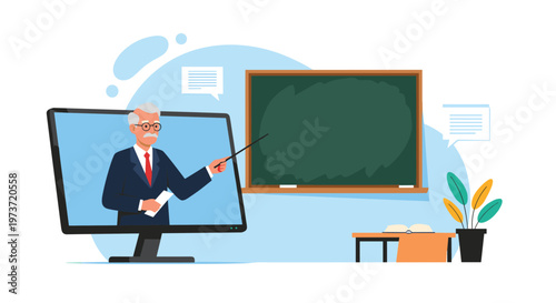 Professional online education concept shows an elderly male teacher on a computer monitor pointing to a chalkboard in a virtual classroom.